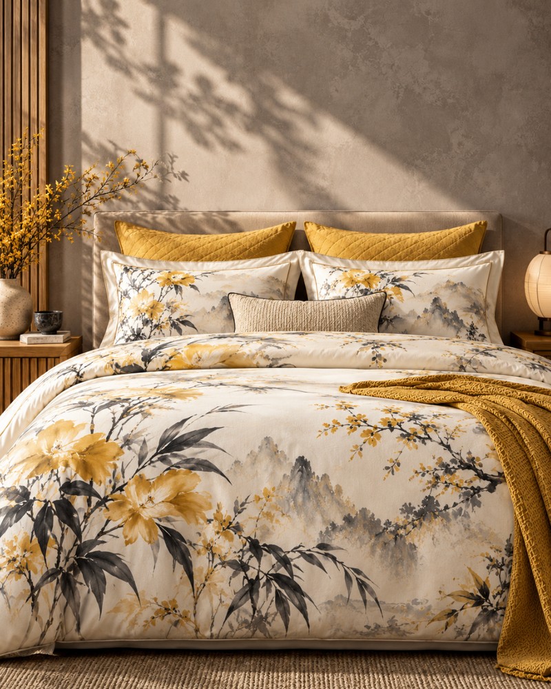 Product shot of a bed dressed in cream bedding with a yellow and grey floral ink print, mustard quilted pillows and a mustard throw, in warm sunlight