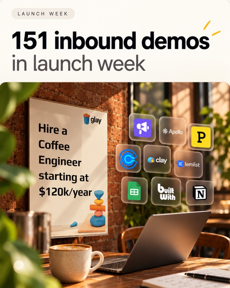 Launch week creative: 151 inbound demos in launch week, above a cafe scene with a 'Hire a Coffee Engineer' poster and floating tool tiles including Apollo, Clay, lemlist and Notion.
