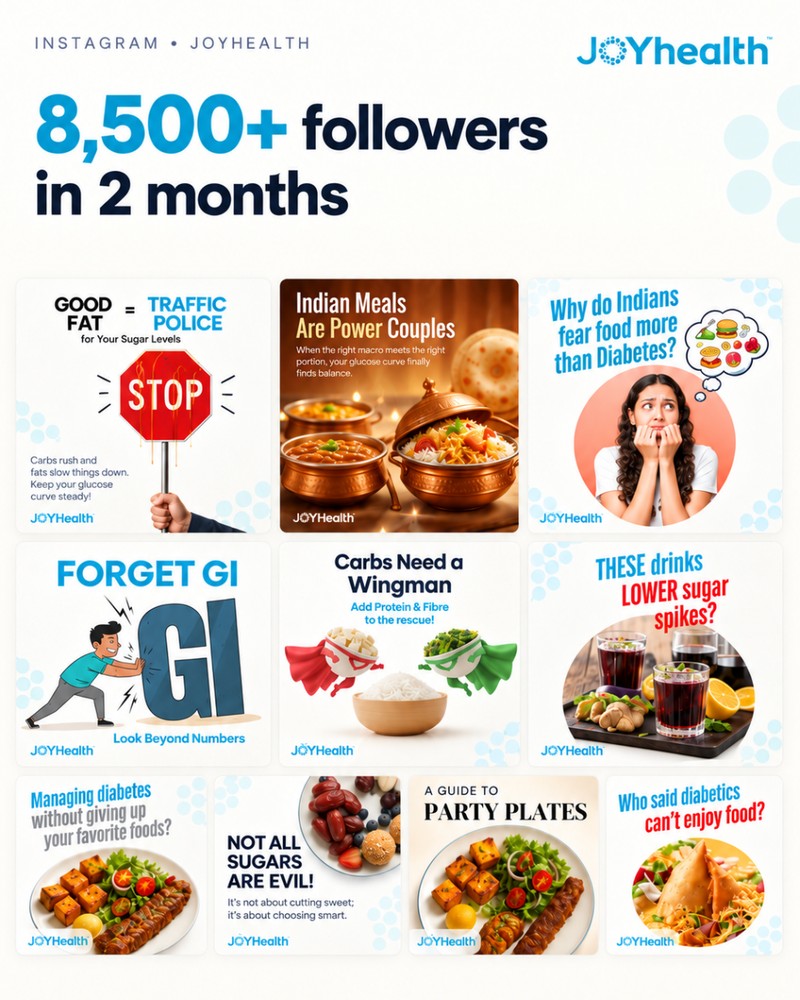 JoyHealth Instagram: 8,500+ followers in 2 months, above a grid of ten education-led diabetes nutrition posts.