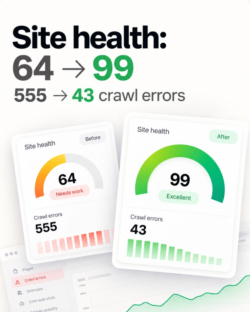 Site health 64 → 99 and 555 → 43 crawl errors, with before and after gauges (64 Needs work, 99 Excellent) and falling crawl-error bars.